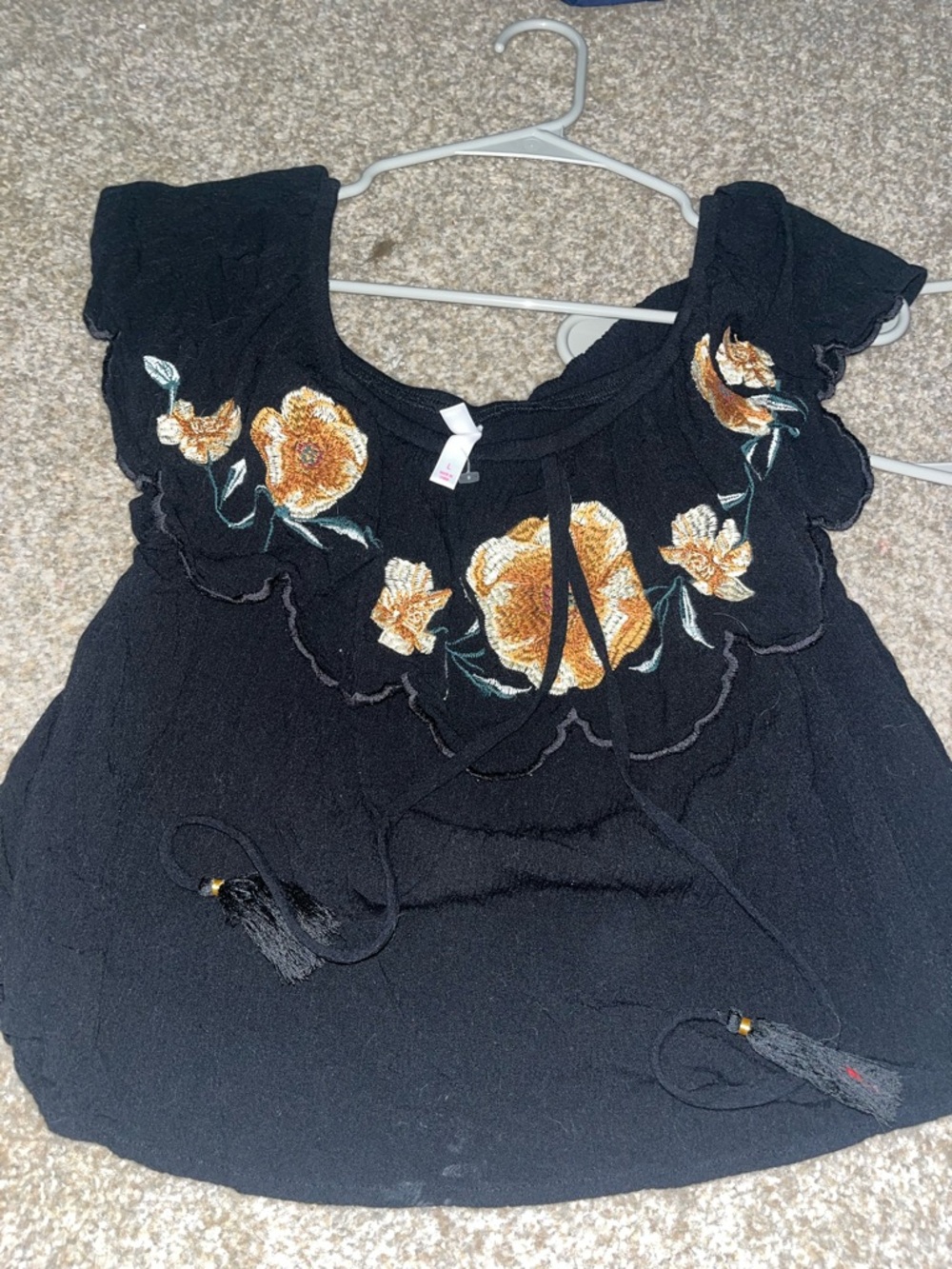 Xhilaration Black Embroidered Peasant Blouse with Golden Floral Detail
